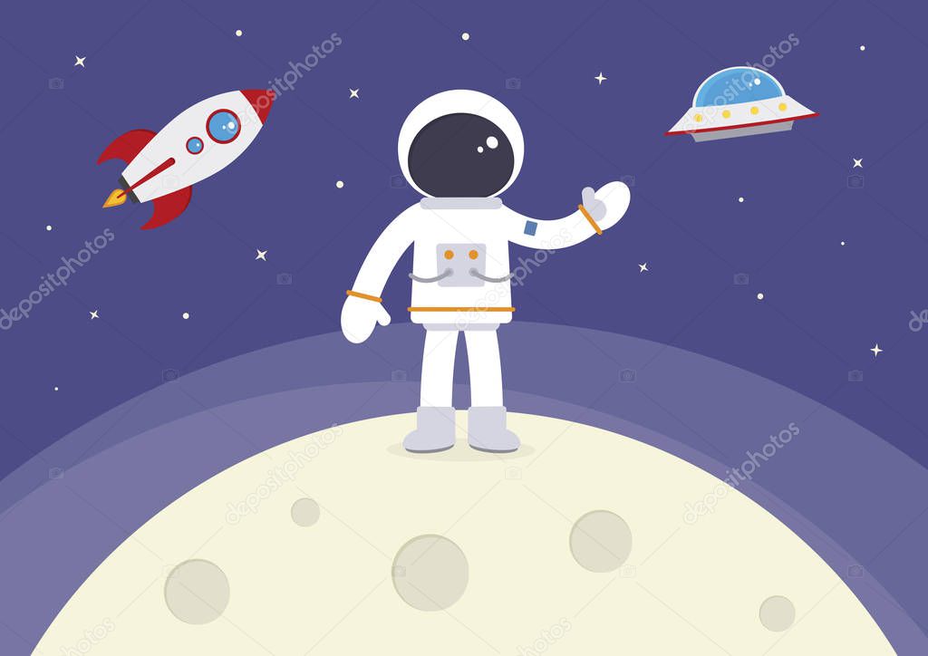 A cartoon spaceman standing on the moon.