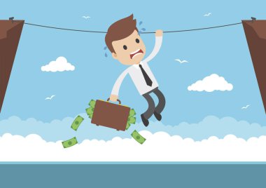 Bir işadamı bavul dolusu para asılı bir ip ile 