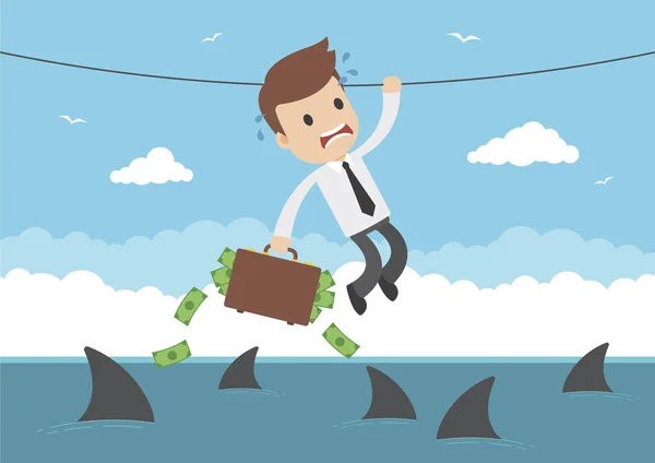 Egy Üzletember Cápák Lógott Kötél Pénzzel Teli Táskát — Stock Vector