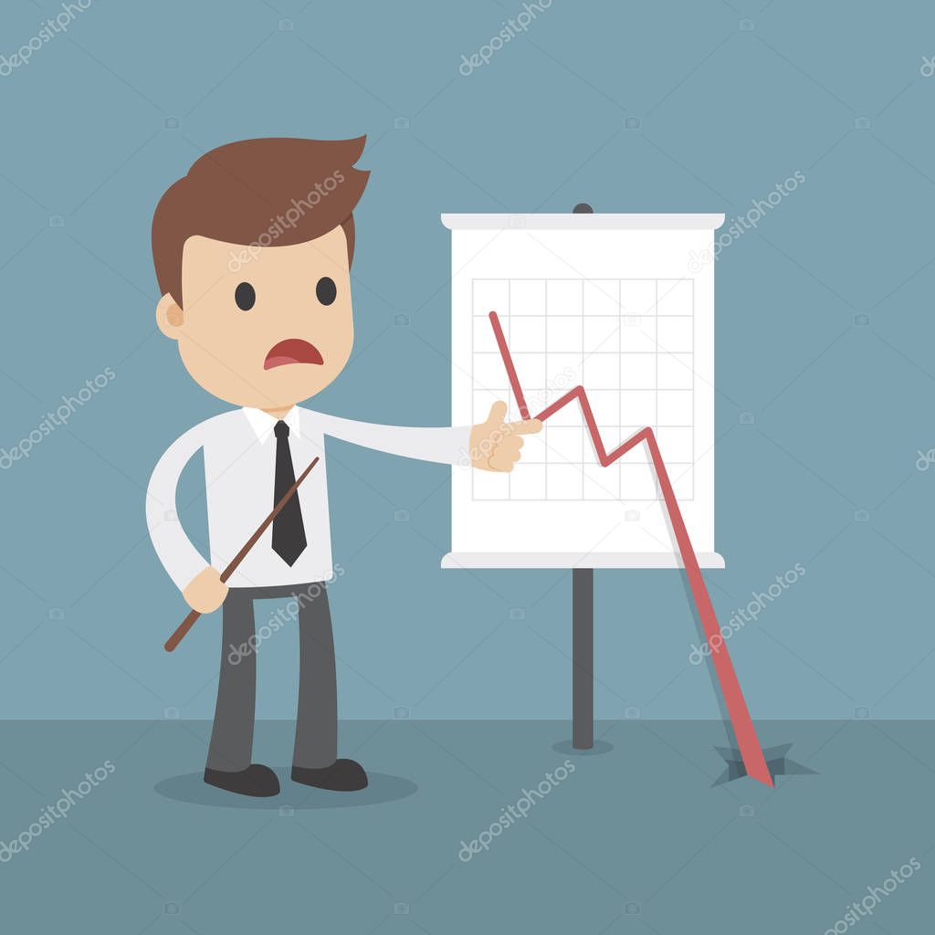 A cartoon businessman wth a business loss chart with line crashing through the floor