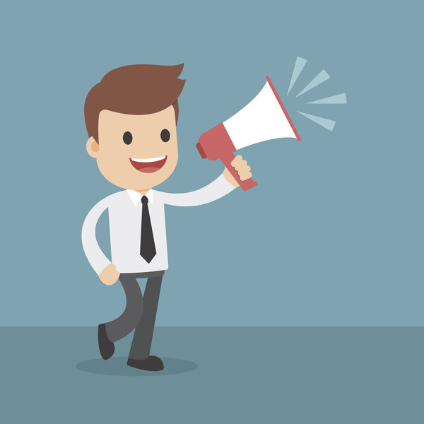 Смешные мультяшные бизнесмены кричат через мегафон
