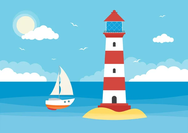 Sailing Boat Lighthouse Ocean Sunny Day Clouds — Stock Vector