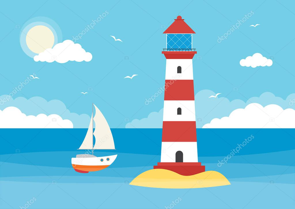 A sailing boat and lighthouse in an ocean on a sunny day with clouds