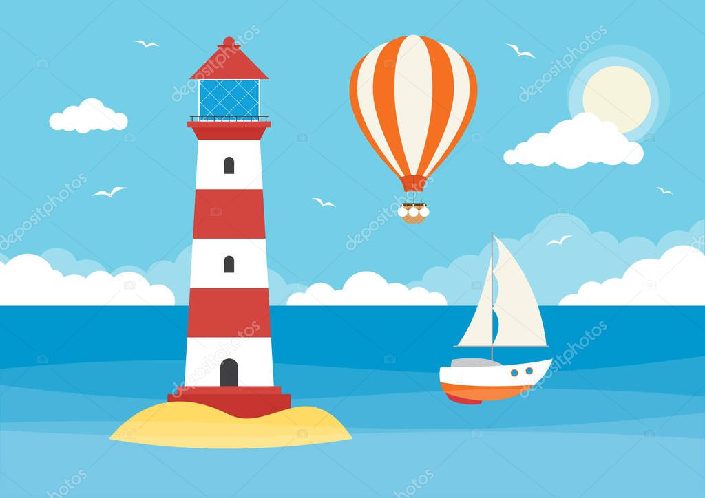 A sailing boat and lighthouse in an ocean on a sunny day with clouds and hot air balloon