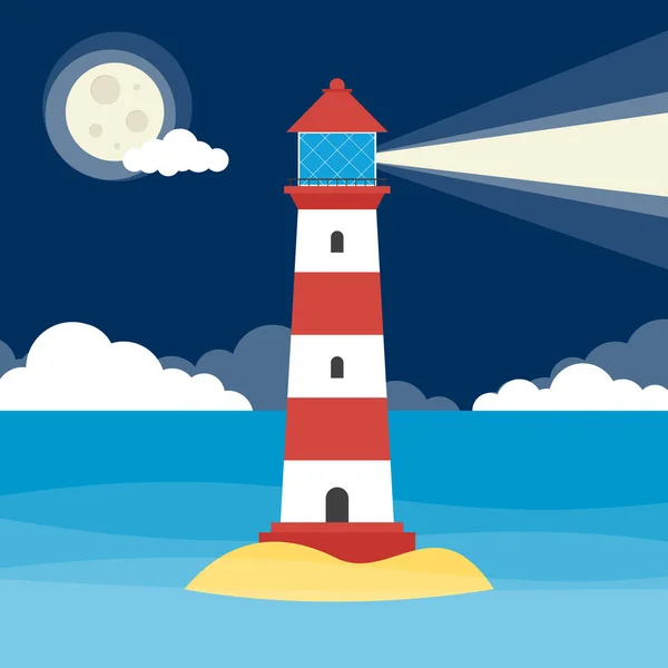 Geceleri Bir Uyarı Işık Parlayan Bir Deniz Feneri — Stok Vektör
