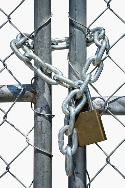 A chain and pad lock secures an entry way fence.
