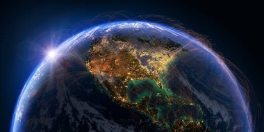 Seyyare yerküre detaylı yardım ve atmosferi ile hava yolları gerçek verilerini temel alan bir ağ ile kaplıdır. Kuzey Amerika. 3D render. Nasa tarafından döşenmiş bu görüntü unsurları