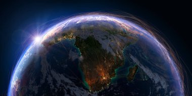 Seyyare yerküre detaylı yardım ve atmosferi ile hava yolları gerçek verilerini temel alan bir ağ ile kaplıdır. Güney Afrika ve Madagaskar. 3D render. Nasa tarafından döşenmiş bu görüntü unsurları