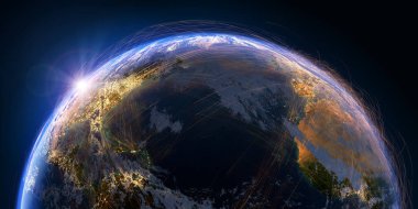 Seyyare yerküre detaylı yardım ve atmosferi ile hava yolları gerçek verilerini temel alan bir ağ ile kaplıdır. Atlantik Okyanusu. 3D render. Nasa tarafından döşenmiş bu görüntü unsurları