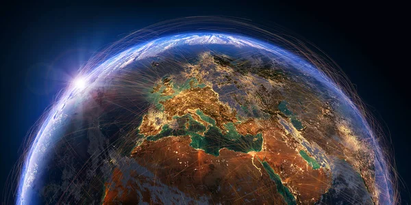 Seyyare yerküre detaylı yardım ve atmosferi ile hava yolları gerçek verilerini temel alan bir ağ ile kaplıdır. Avrupa. 3D render. Nasa tarafından döşenmiş bu görüntü unsurları