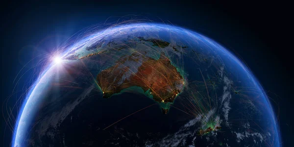 具有详细浮雕和大气层的地球上覆盖着一个基于真实数据的航线网络 澳大利亚和新西兰 美国宇航局提供的这张图片的元素 — 图库照片
