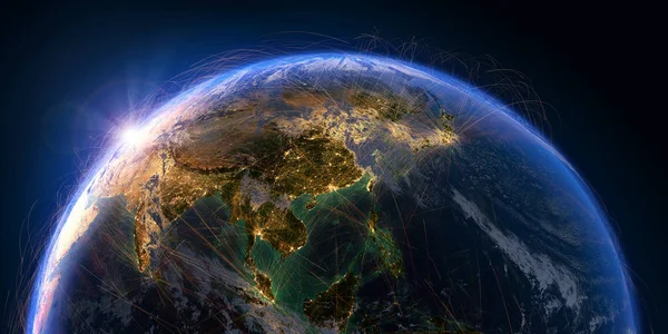 Planetjorden Med Detaljerade Lättnad Och Atmosfär Täckt Med Ett Nätverk — Stockfoto