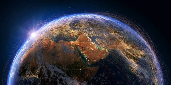 Planetjorden Med Detaljerade Lättnad Och Atmosfär Täckt Med Ett Nätverk — Stockfoto