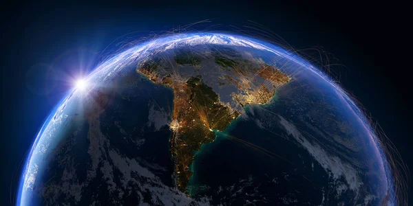 Планета Земля Докладні Полегшення Атмосферою Покривається Мережею Повітряних Трас Основі — стокове фото