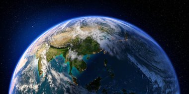 Ayrıntılı yardım ve atmosferi ile dünya gezegeni. Gece ve gündüz. Asya. 3D render. Nasa tarafından döşenmiş bu görüntü unsurları
