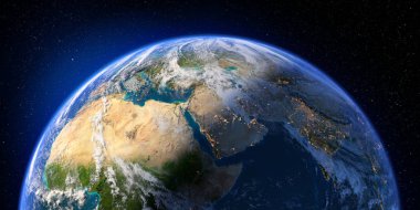 Ayrıntılı yardım ve atmosferi ile dünya gezegeni. Gece ve gündüz. Doğu Afrika ve Orta Doğu. 3D render. Nasa tarafından döşenmiş bu görüntü unsurları