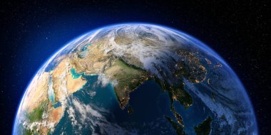 Ayrıntılı yardım ve atmosferi ile dünya gezegeni. Gece ve gündüz. Hindistan. 3D render. Nasa tarafından döşenmiş bu görüntü unsurları