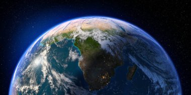 Ayrıntılı yardım ve atmosferi ile dünya gezegeni. Gece ve gündüz. Güney Afrika ve Madagaskar. 3D render. Nasa tarafından döşenmiş bu görüntü unsurları