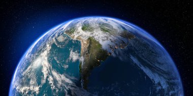 Ayrıntılı yardım ve atmosferi ile dünya gezegeni. Gece ve gündüz. Güney Amerika. 3D render. Nasa tarafından döşenmiş bu görüntü unsurları