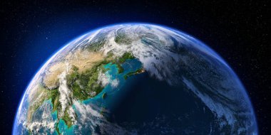 Ayrıntılı yardım ve atmosferi ile dünya gezegeni. Gece ve gündüz. Pasifik Okyanusu. Japonya, Çin. 3D render. Nasa tarafından döşenmiş bu görüntü unsurları