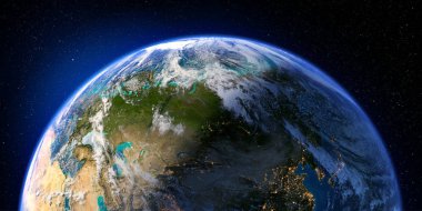 Ayrıntılı yardım ve atmosferi ile dünya gezegeni. Gece ve gündüz. Eurasia. 3D render. Nasa tarafından döşenmiş bu görüntü unsurları