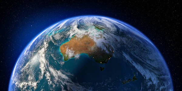 Planeta Ziemia Szczegółowe Ulgę Atmosferą Dzień Noc Australia Nowa Zelandia — Zdjęcie stockowe