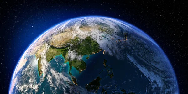 Planet Earth Detailed Relief Atmosphere Day Night Asia Rendering Elements — Stock Photo, Image