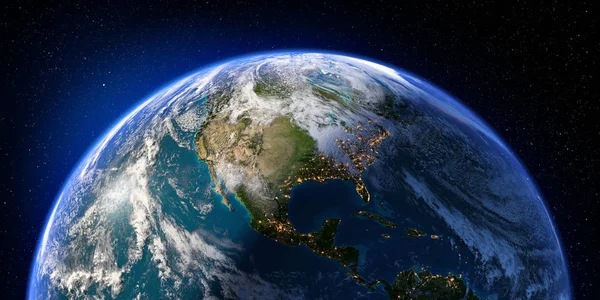 Планета Земля Подробным Рельефом Атмосферой День Ночь Северная Центральная Америка — стоковое фото