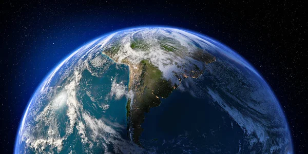 Planet Earth Detailed Relief Atmosphere Day Night South America Rendering — Stock Photo, Image