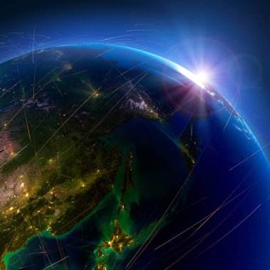 Dünya'daki detaylı hava yolları. Uzakdoğu. 3d render