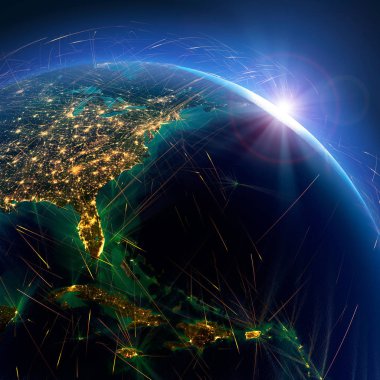 Dünya'daki detaylı hava yolları. Abd'nin doğu kıyısı. 3d renderin