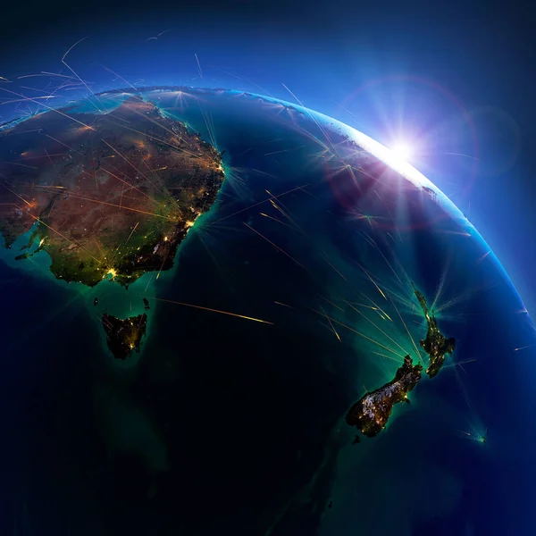 Rutas aéreas detalladas en la Tierra. Australia y Nueva Zelanda. 3D rend —  Fotos de Stock