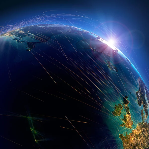 Detaillierte Flugrouten auf der Erde. Atlantik. 3D-Darstellung — Stockfoto