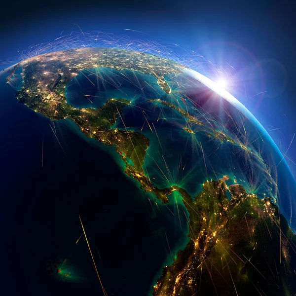 Detaillierte Flugrouten auf der Erde. Mittelamerika. panama, kolumbien, — Stockfoto