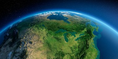 Sabah son derece detaylı dünya gezegeni. Abartılmış hassas kabartma sabah güneşi yaktı. Detaylı dünya. Amerika Birleşik Devletleri ve Kanada. Büyük göller. 3D rendering. NASA tarafından döşenmiş bu görüntünün elemanları