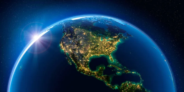 Země v noci a světlo měst. Severní Amerika. — Stock fotografie