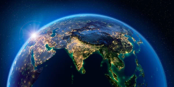 Terra à noite e a luz das cidades. Índia. Sudeste Asiático . — Fotografia de Stock