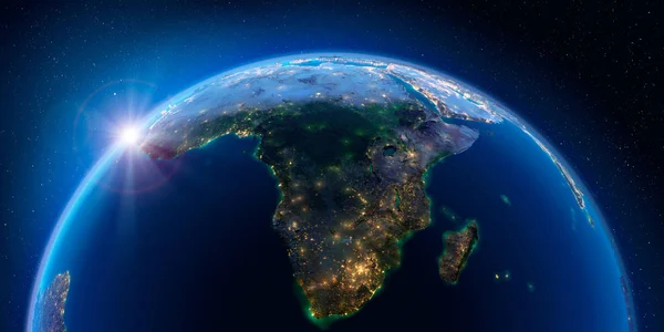 Ziemia w nocy i w świetle miast. Republika Południowej Afryki i Madagas — Zdjęcie stockowe