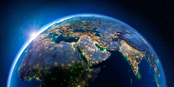 Ziemia w nocy i w świetle miast. Bliski Wschód. — Zdjęcie stockowe