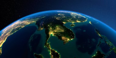 Detaylı toprak. Indochina Yarımadası mehtaplı bir gecede