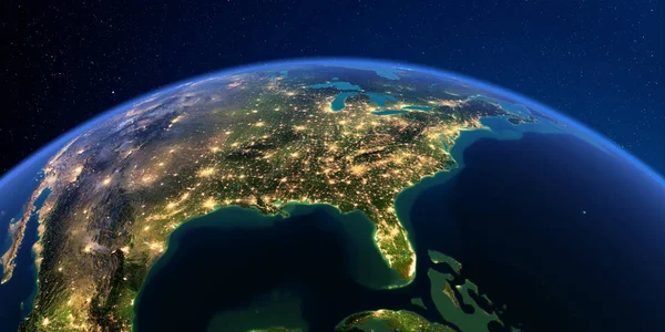Terra dettagliata di notte. Nord America. Stati Uniti. Golfo del Messico e — Foto Stock
