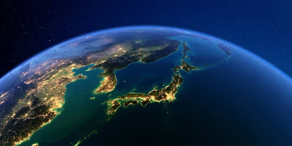 Geceleri ayrıntılı Dünya. Asya, Japonya ve Kore'nin bir parçası, Japon Stok Resim