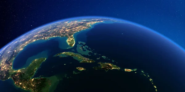 Detailed Earth at night. Caribbean islands. Cuba, Haiti, Jamaica — Stock Photo, Image