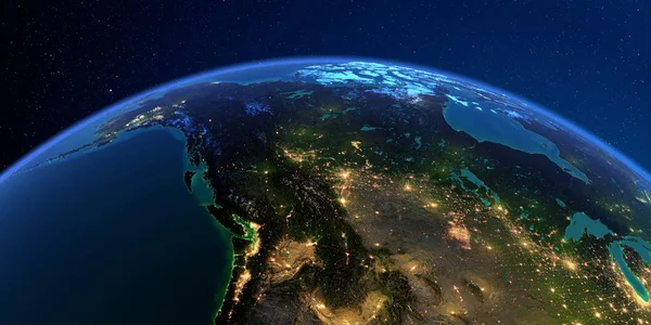 Szczegółowa Ziemia w nocy. Zachodnia i Północna Kanada-British C — Zdjęcie stockowe