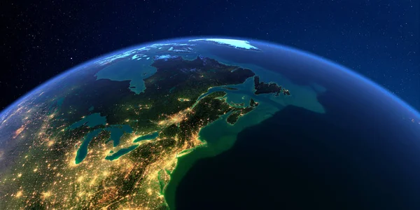 Podrobná země v noci. Severovýchodní a východní Kanada Royalty Free Stock Obrázky