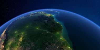 Geceleri ayrıntılı Dünya. Güney Amerika. Brezilya, Guyana, Surinam