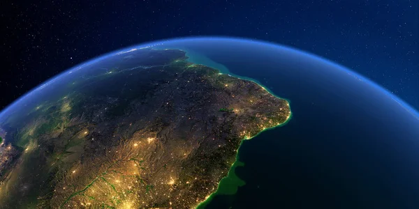 Terra dettagliata di notte. La parte orientale del Sud America. Braz — Foto Stock