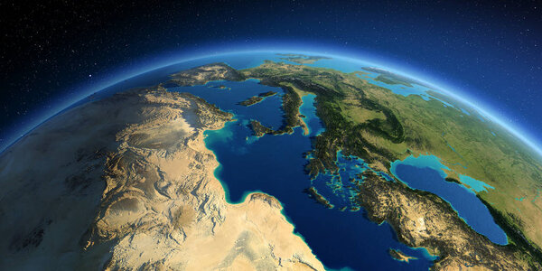 Detailed Earth. Africa and Europe. The waters of the Mediterrane