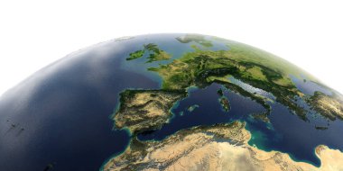 Beyaz arka plan üzerinde ayrıntılı Dünya. İspanya ve Akdeniz 