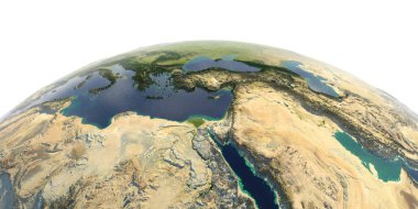Beyaz arka plan üzerinde ayrıntılı Dünya. Afrika ve Orta Doğu
